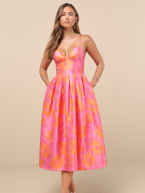 Lulus Dresses & Skirts - Lulus Vivinna Pink And Orange Floral Jacquard Pleated Midi Dress - Size M